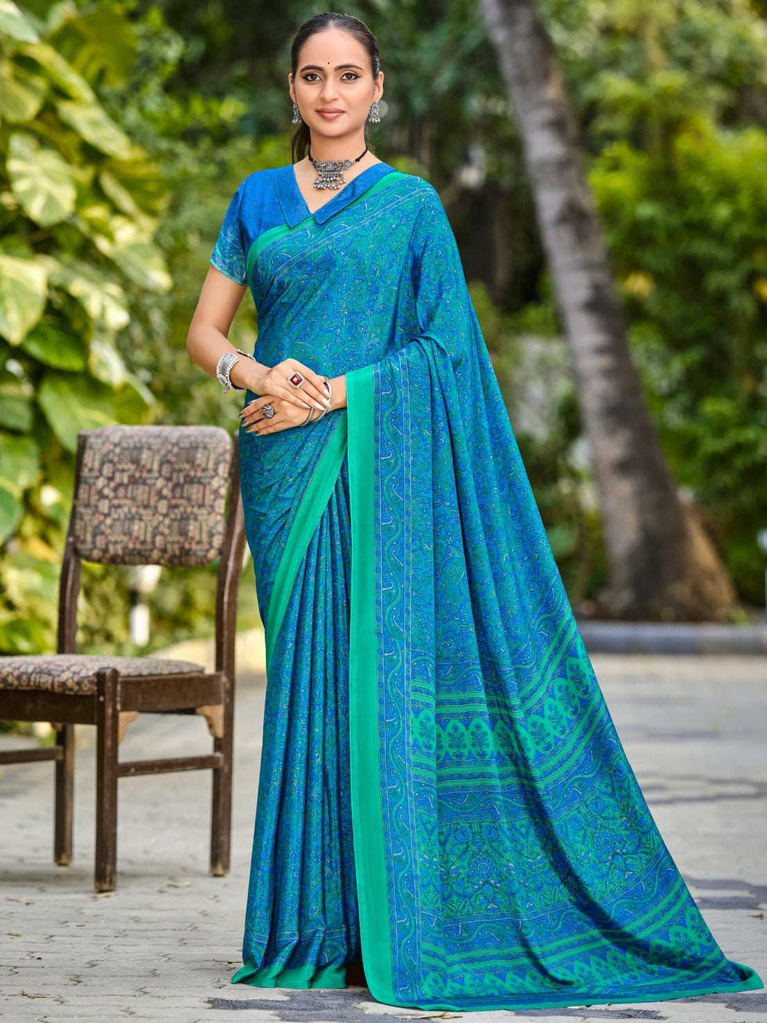 Rajkala - Peacock Blue Printed Crepe Silk Saree