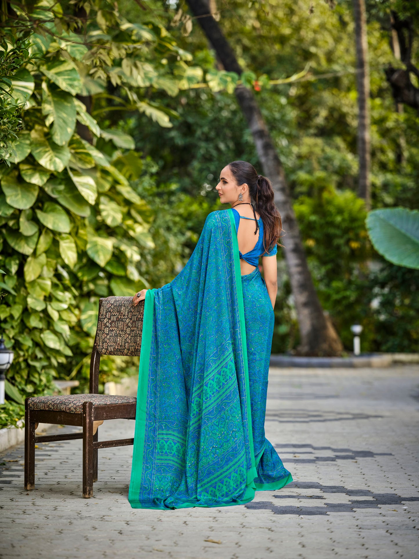 Rajkala - Peacock Blue Printed Crepe Silk Saree