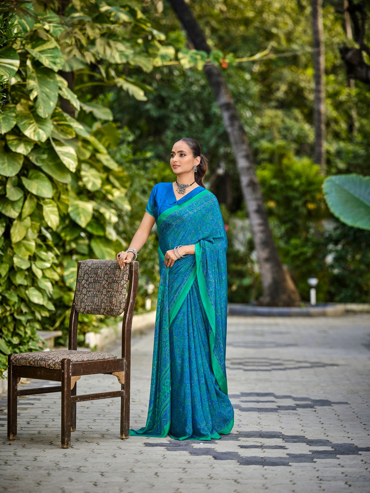 Rajkala - Peacock Blue Printed Crepe Silk Saree
