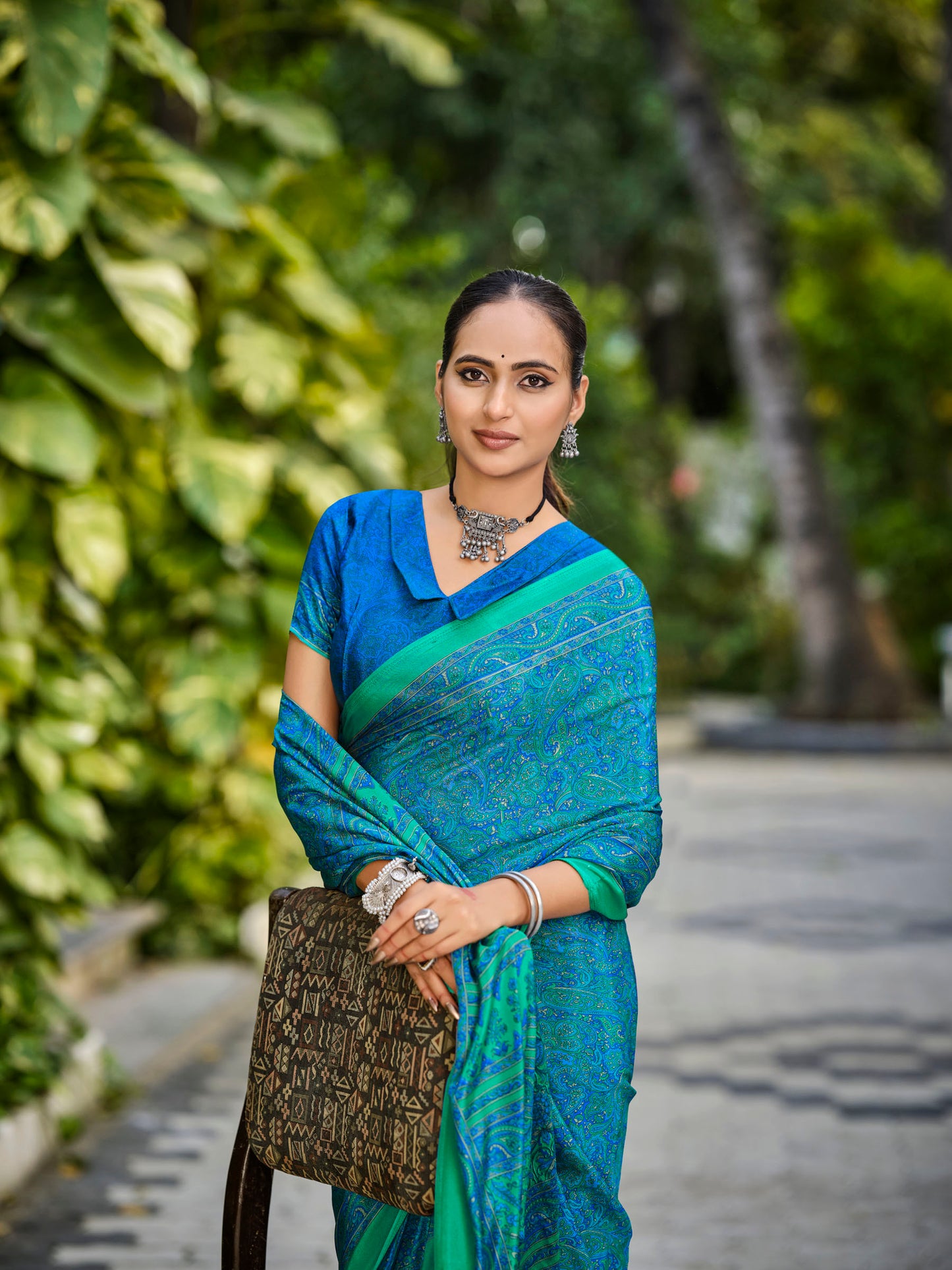 Rajkala - Peacock Blue Printed Crepe Silk Saree
