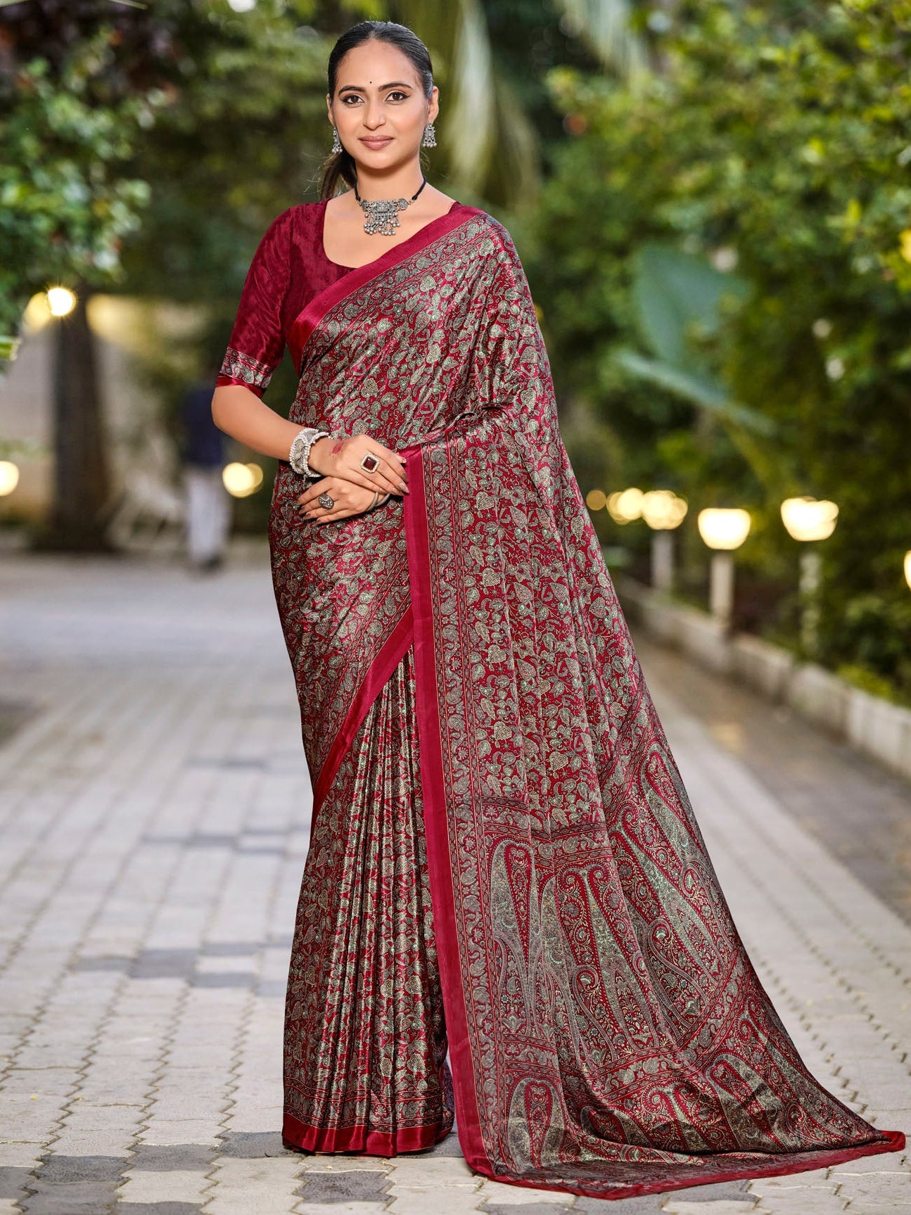 Rajkala - Maroon Printed Crepe Silk Saree