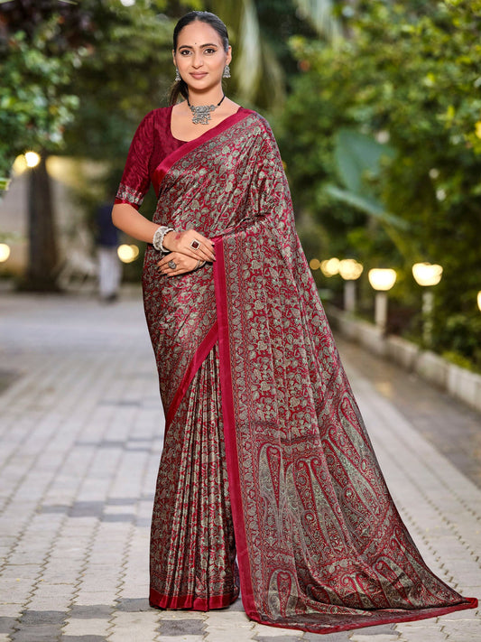 Rajkala - Maroon Printed Crepe Silk Saree