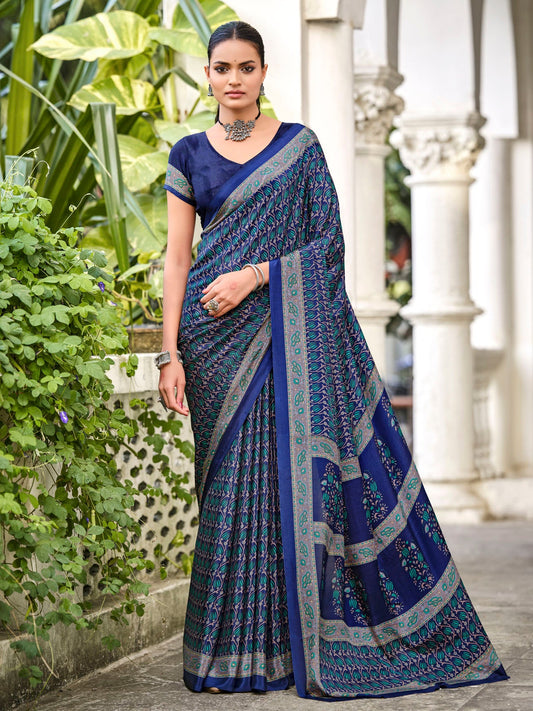 Rajkala - Navy Blue Printed Crepe Silk Saree