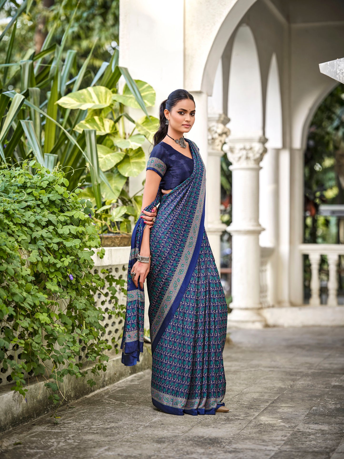 Rajkala - Navy Blue Printed Crepe Silk Saree