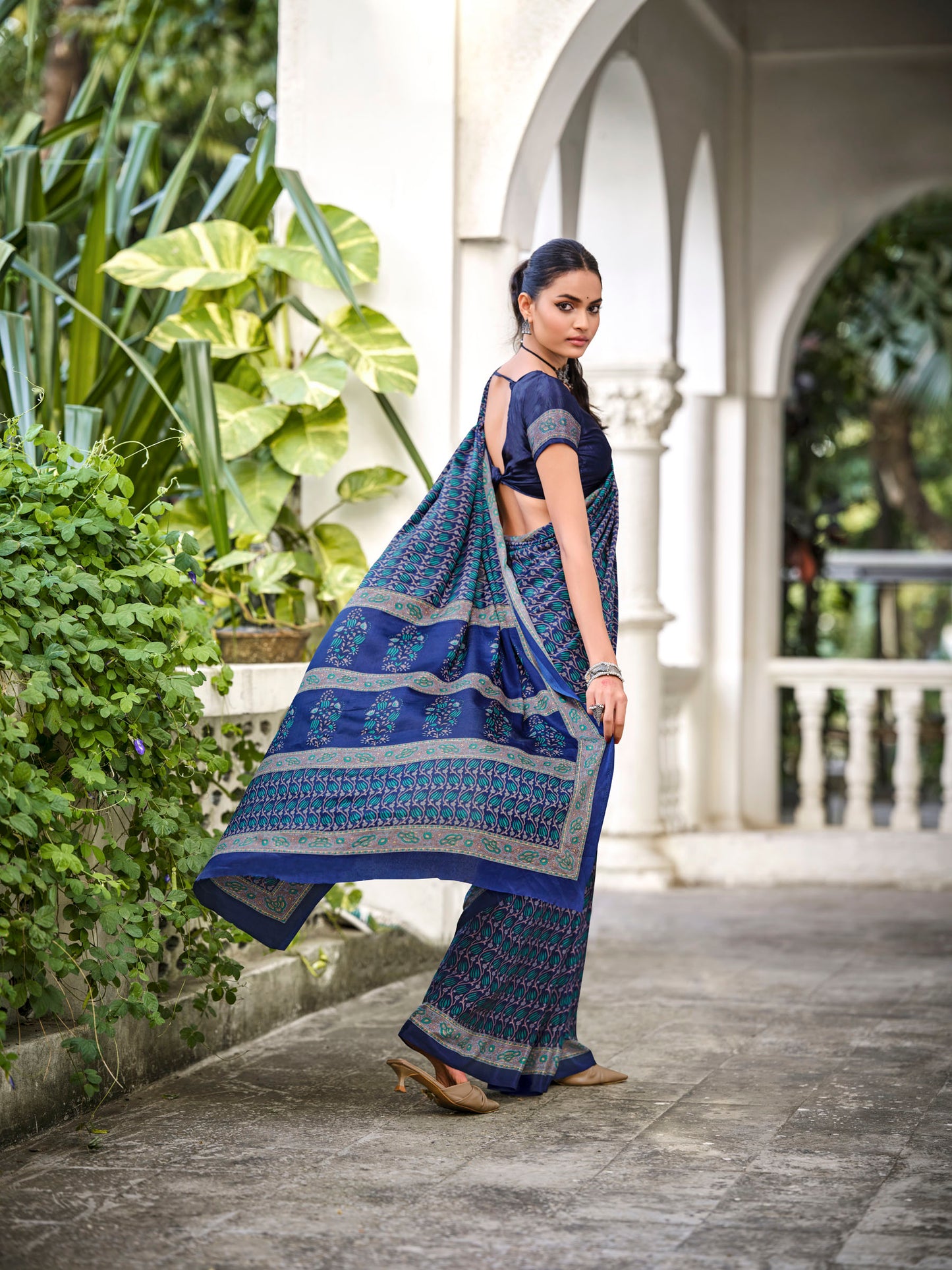 Rajkala - Navy Blue Printed Crepe Silk Saree