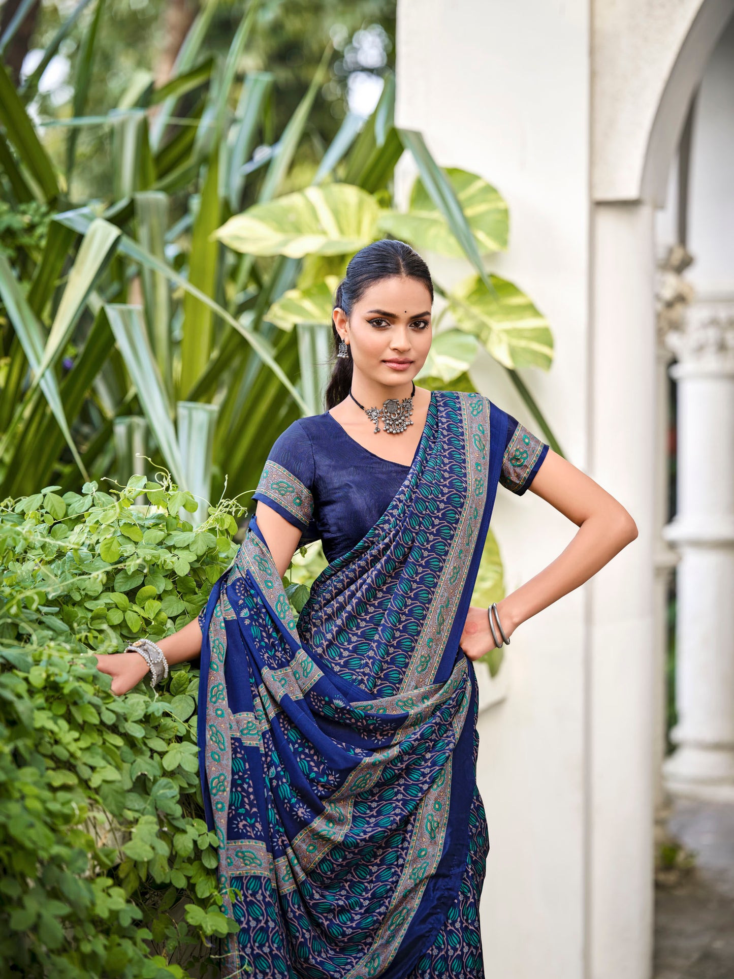 Rajkala - Navy Blue Printed Crepe Silk Saree