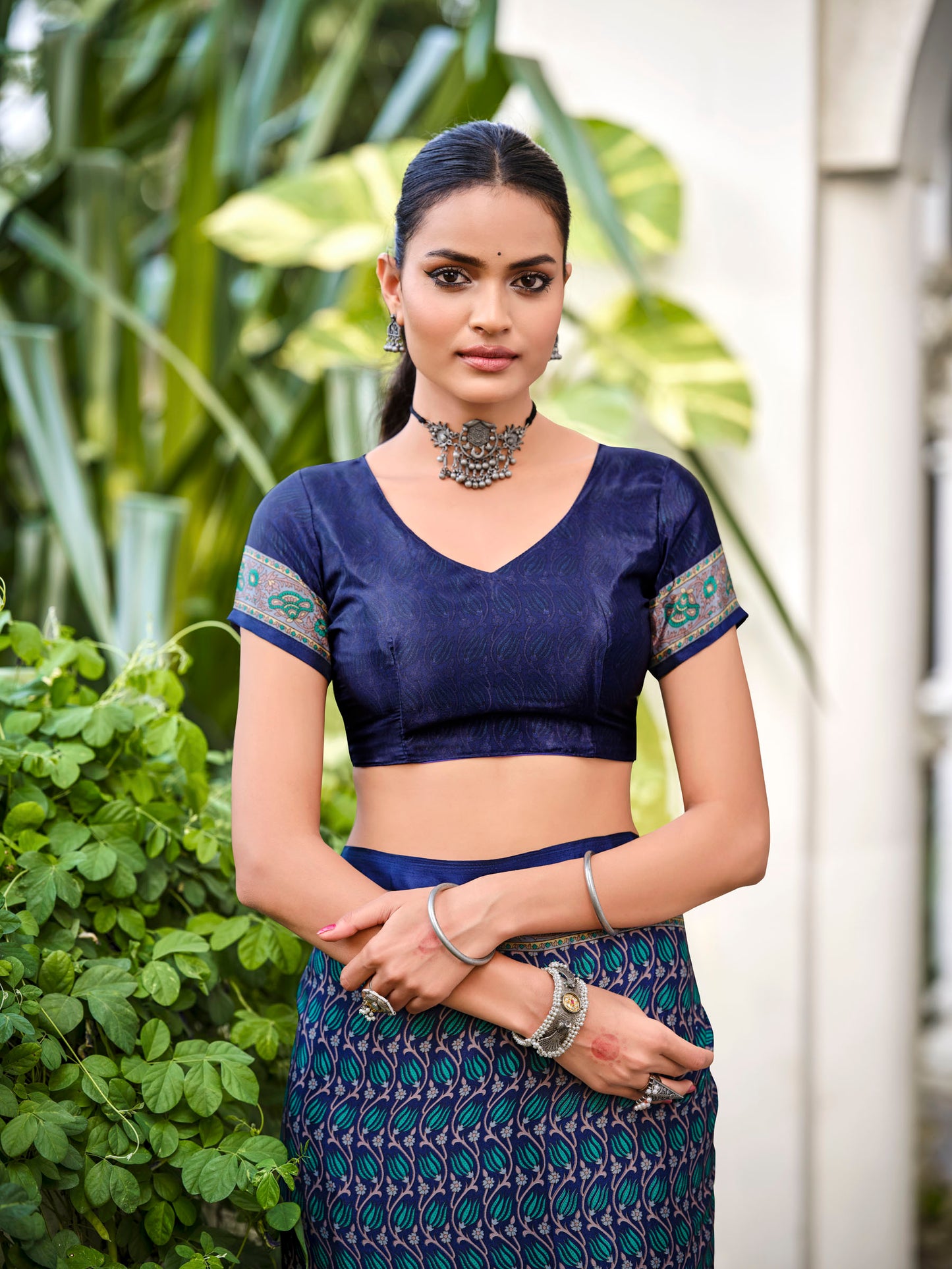 Rajkala - Navy Blue Printed Crepe Silk Saree