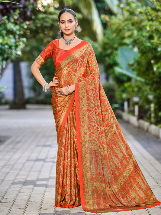 Rajkala - Orange Printed Crepe Silk Saree