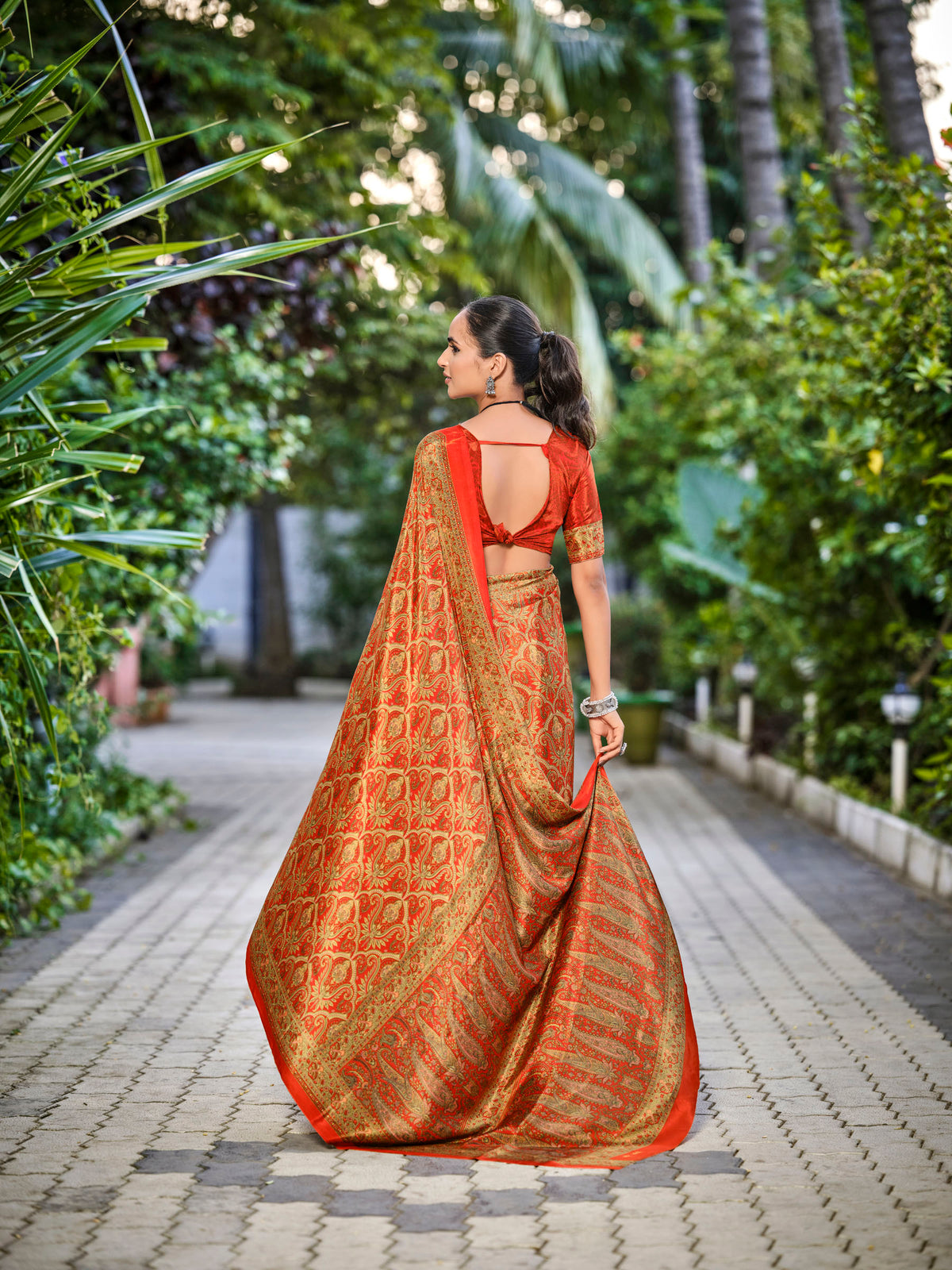 Rajkala - Orange Printed Crepe Silk Saree