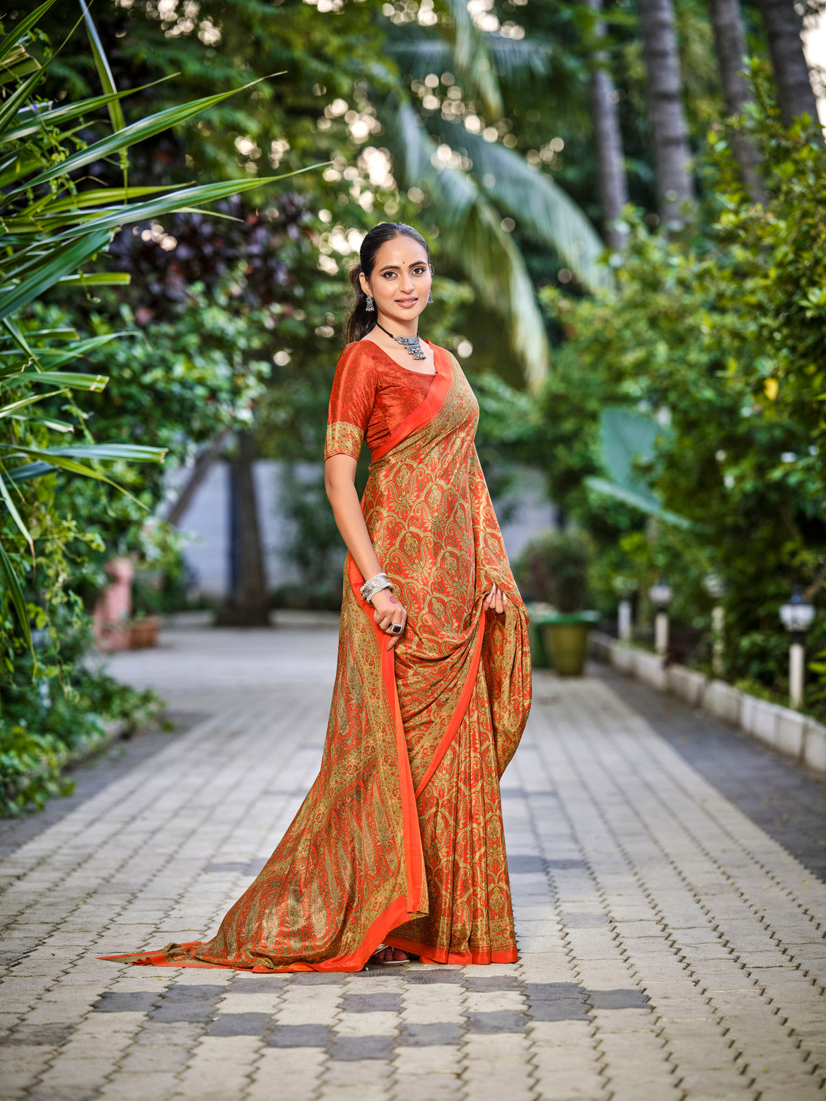 Rajkala - Orange Printed Crepe Silk Saree