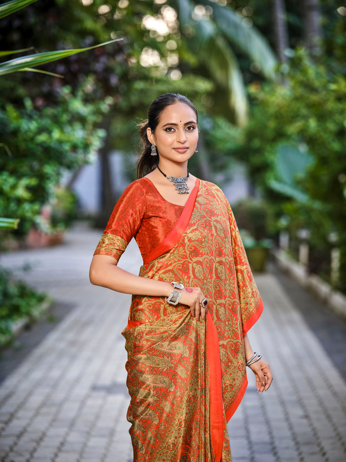 Rajkala - Orange Printed Crepe Silk Saree
