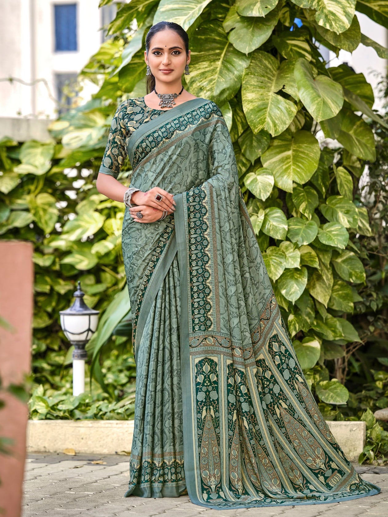 Rajkala - Sea Green Printed Crepe Silk Saree
