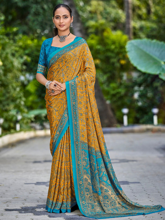 Rajkala - Yellow Printed Crepe Silk Saree