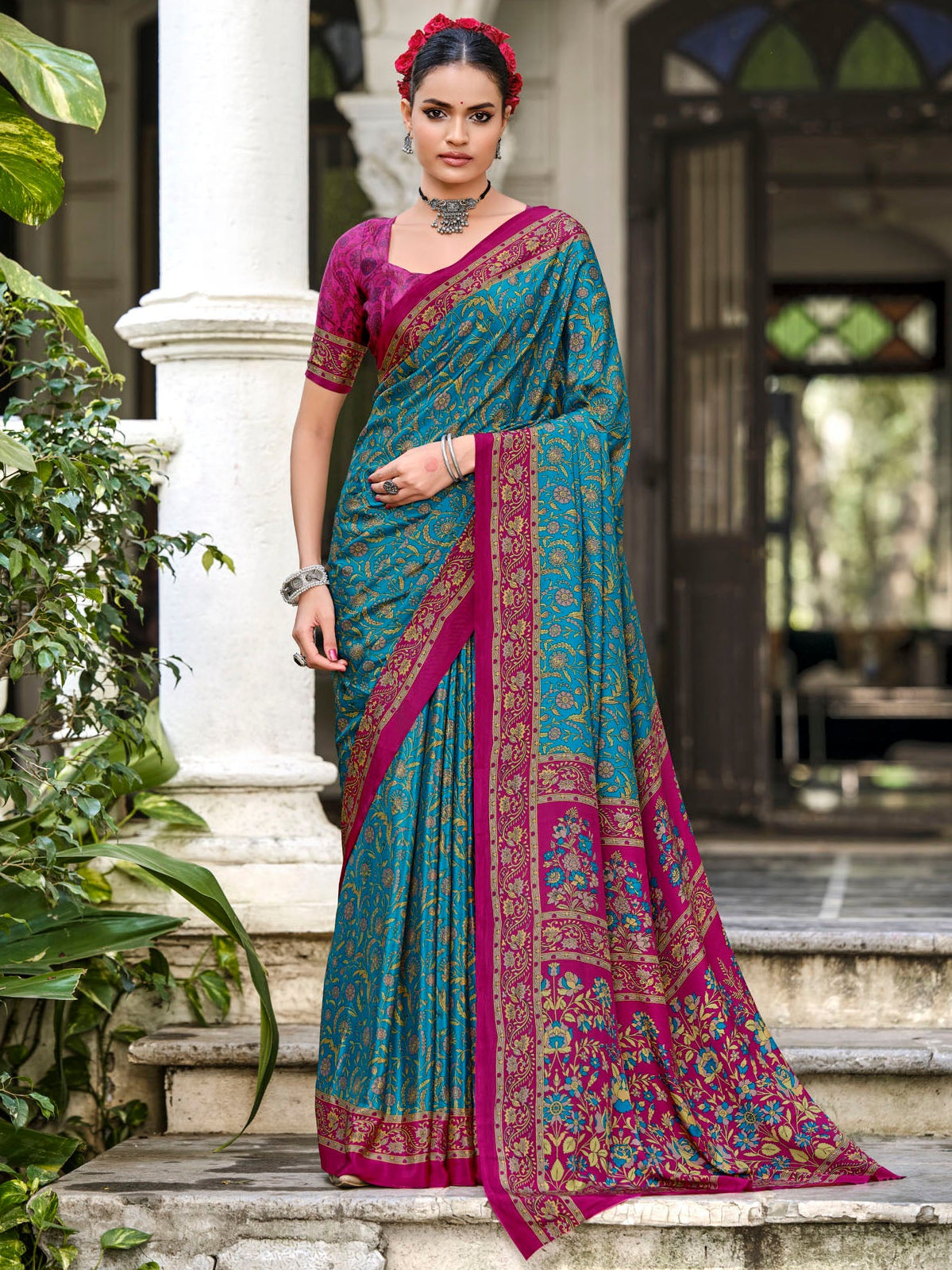 Rajkala - Green Printed Crepe Silk Saree