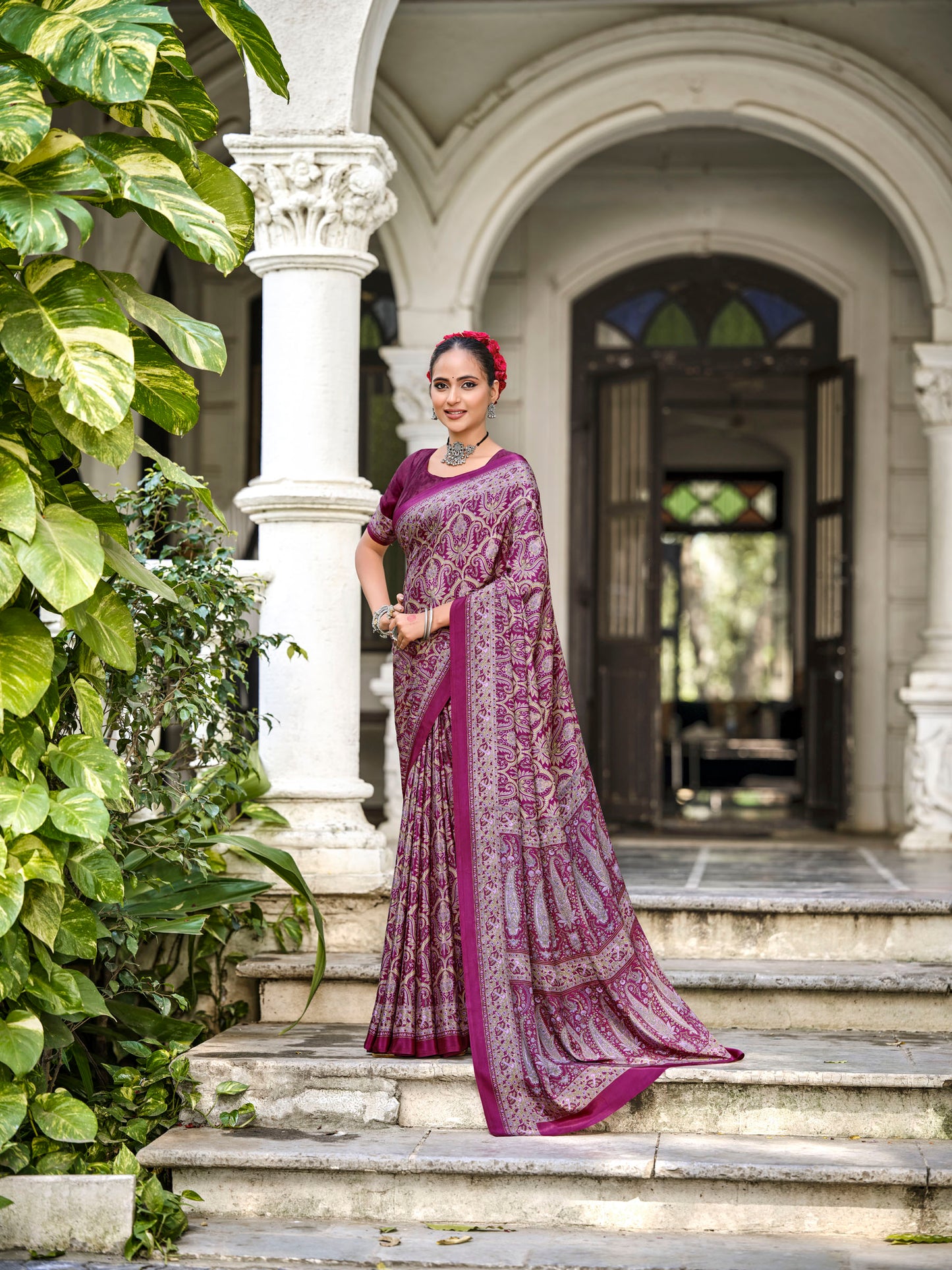 Rajkala - Purple Printed Crepe Silk Saree
