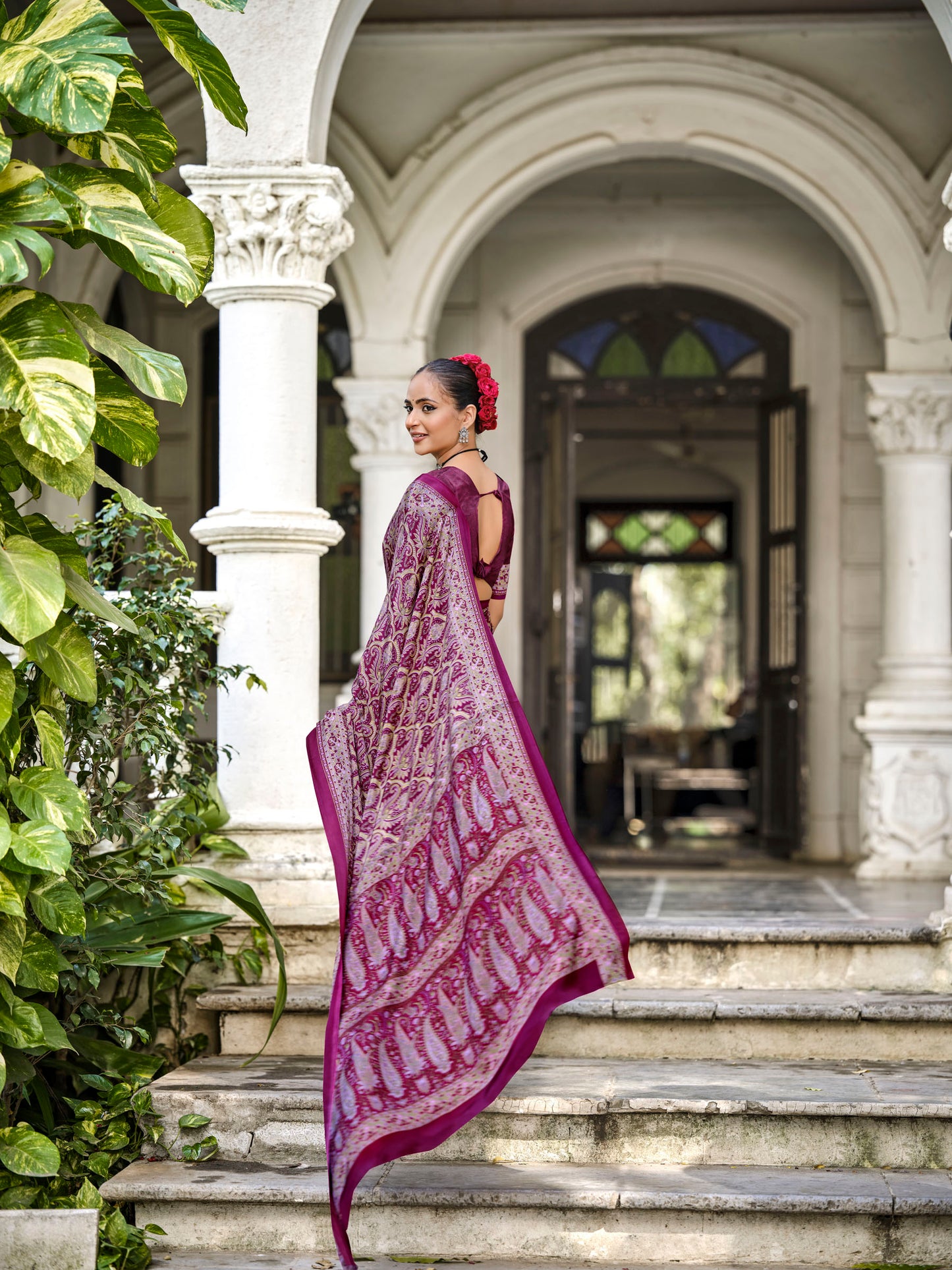 Rajkala - Purple Printed Crepe Silk Saree