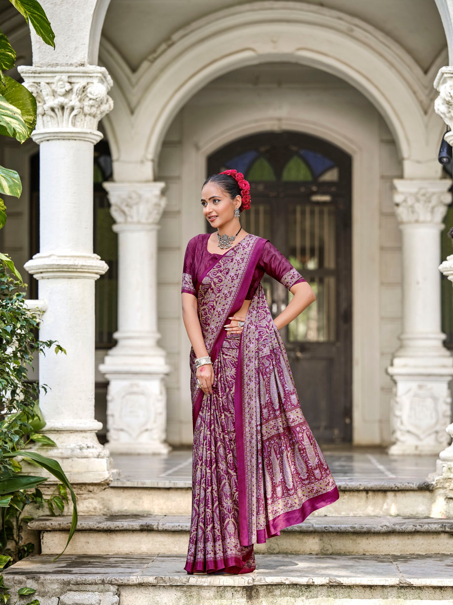 Rajkala - Purple Printed Crepe Silk Saree