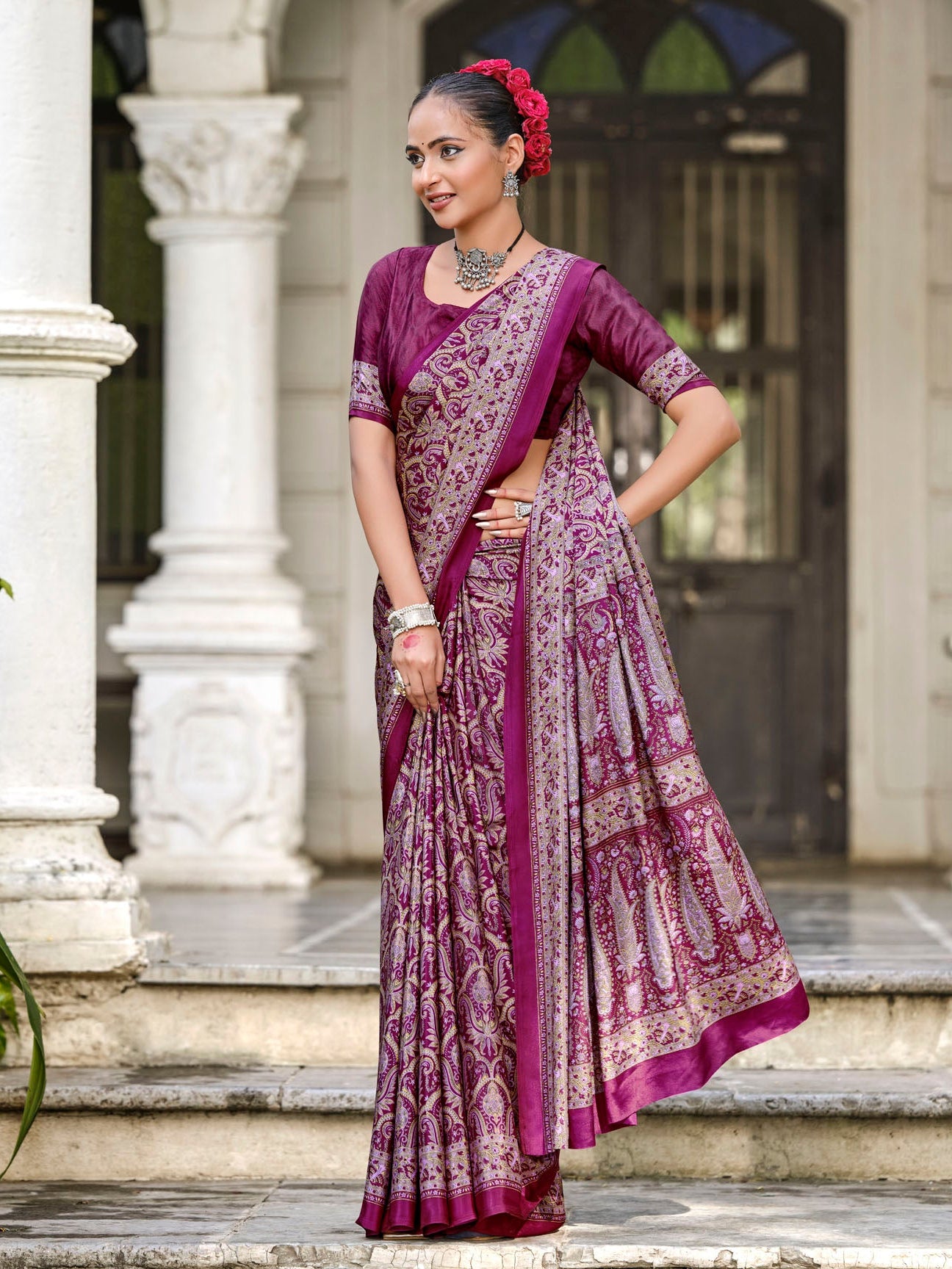 Rajkala - Purple Printed Crepe Silk Saree