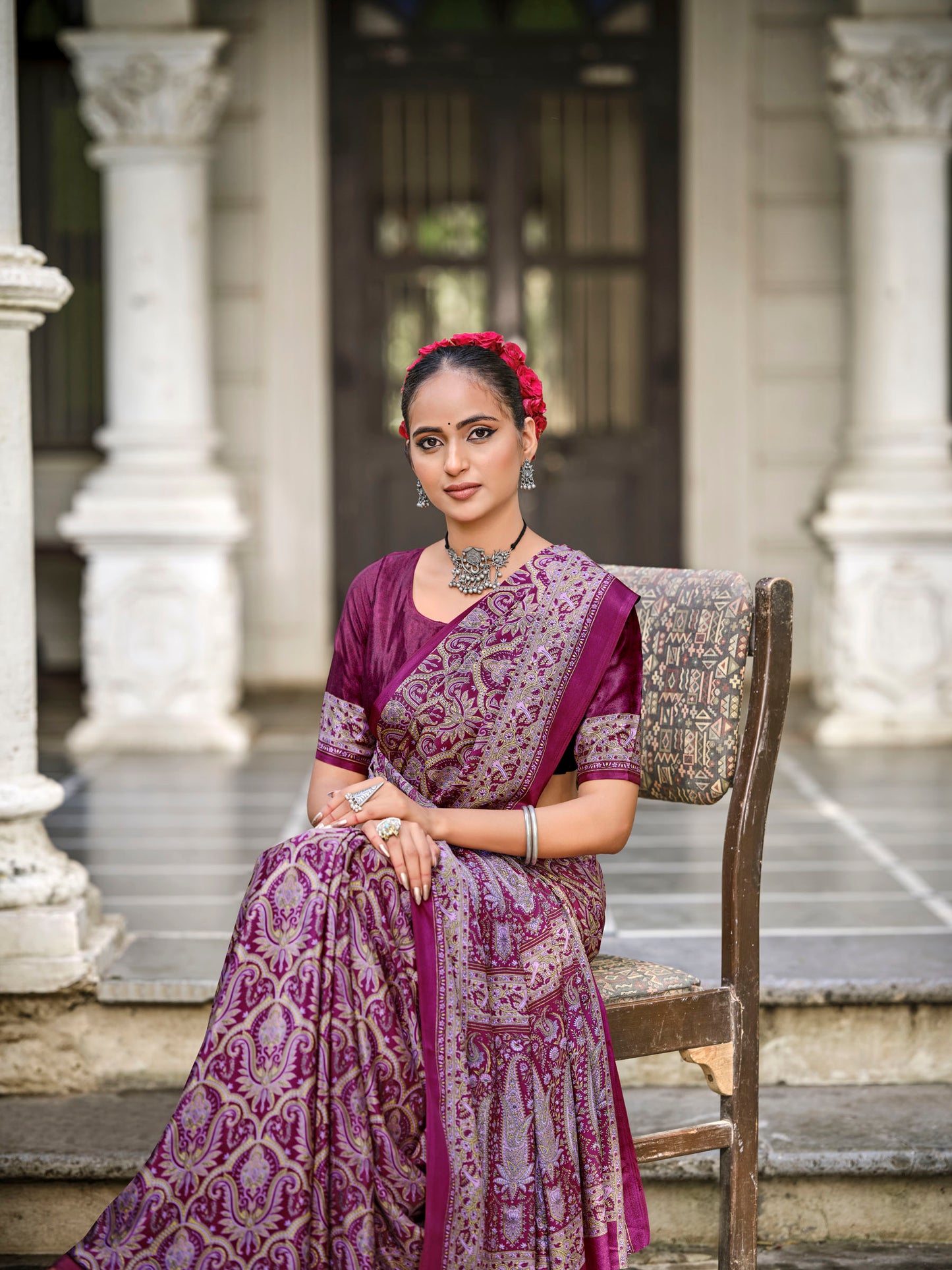 Rajkala - Purple Printed Crepe Silk Saree