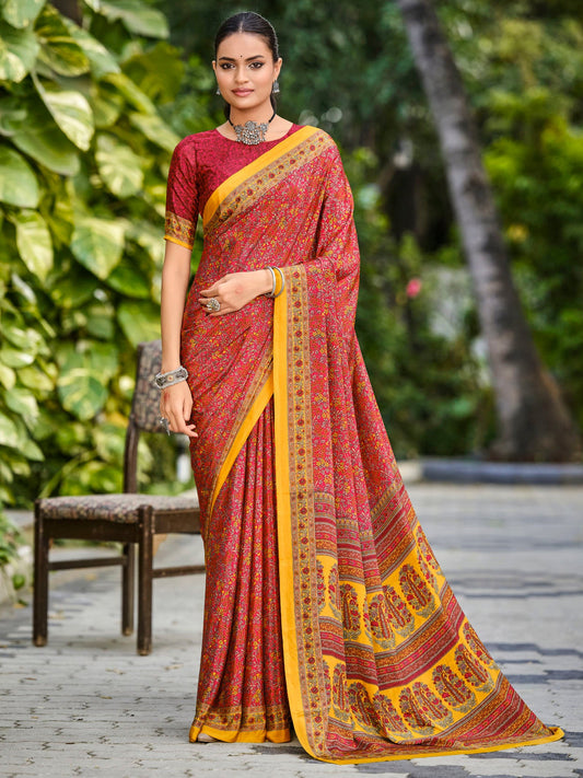 Rajkala - Red Printed Crepe Silk Saree