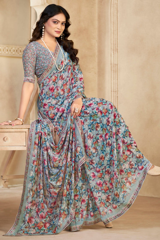 Sumedha- Silver Printed Georgette Saree