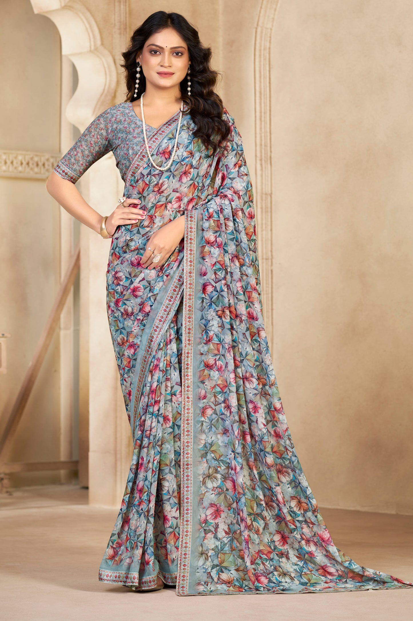 Sumedha- Silver Printed Georgette Saree