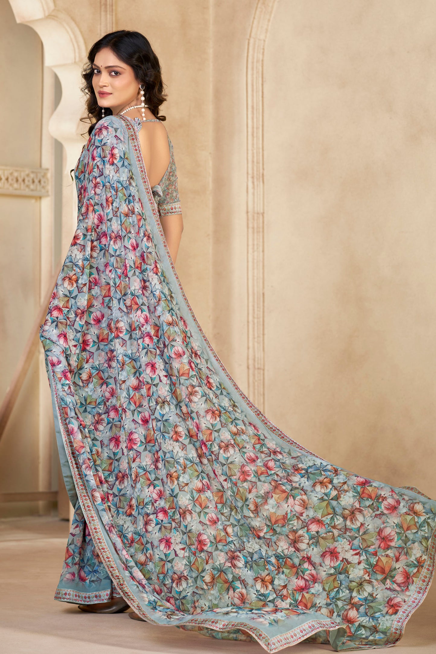Sumedha- Silver Printed Georgette Saree
