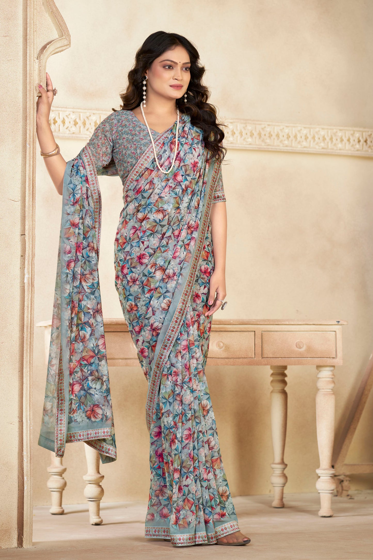 Sumedha- Silver Printed Georgette Saree