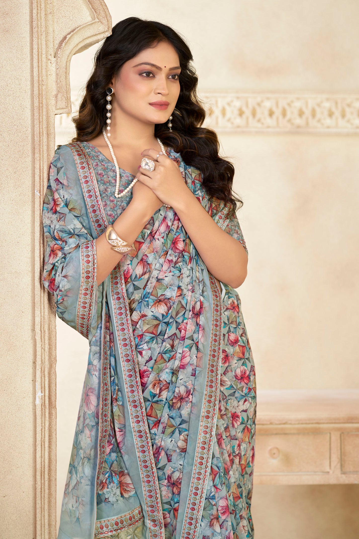 Sumedha- Silver Printed Georgette Saree