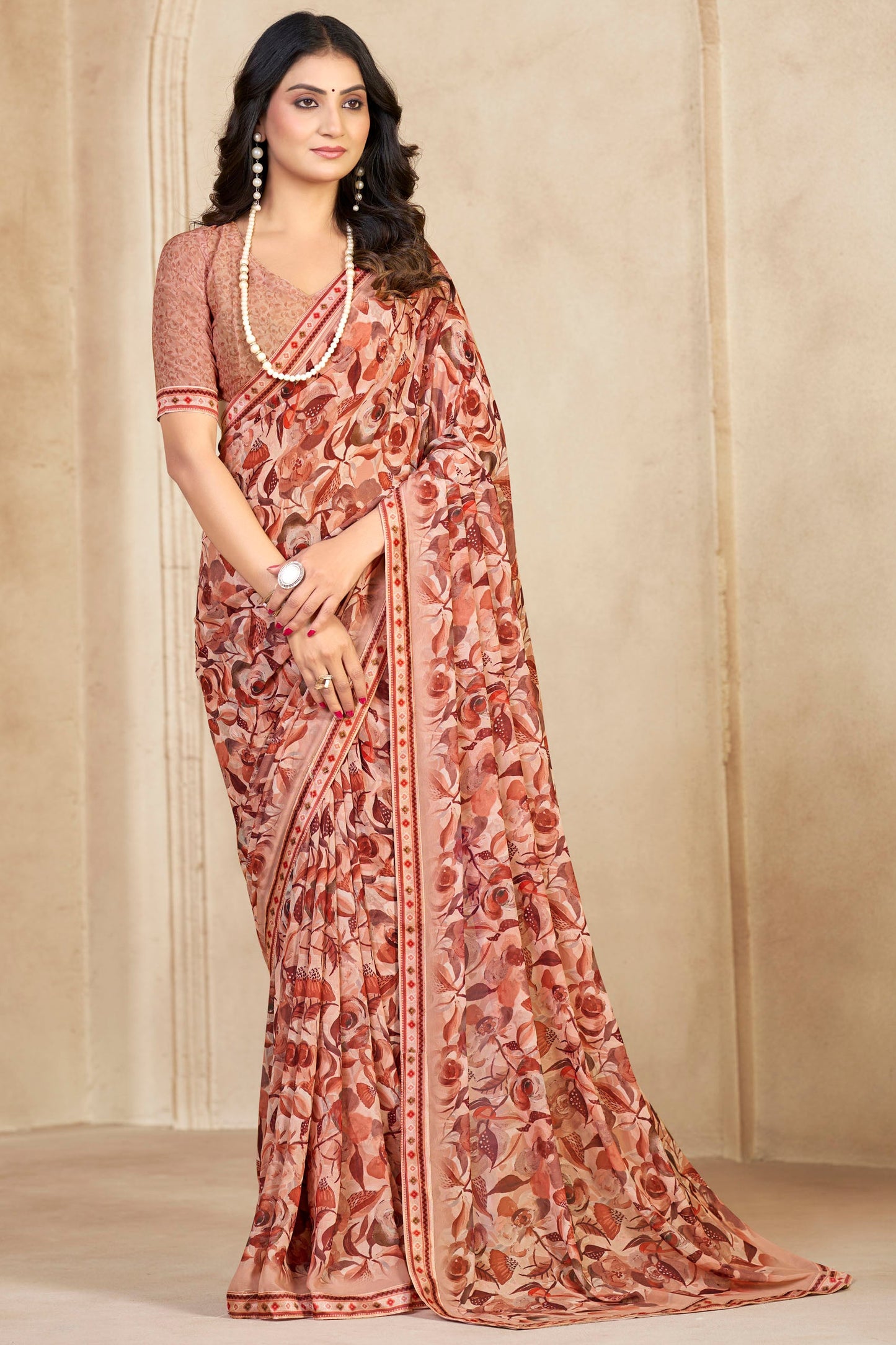 Sumedha- Peach Printed Georgette Saree