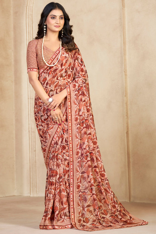 Sumedha- Peach Printed Georgette Saree