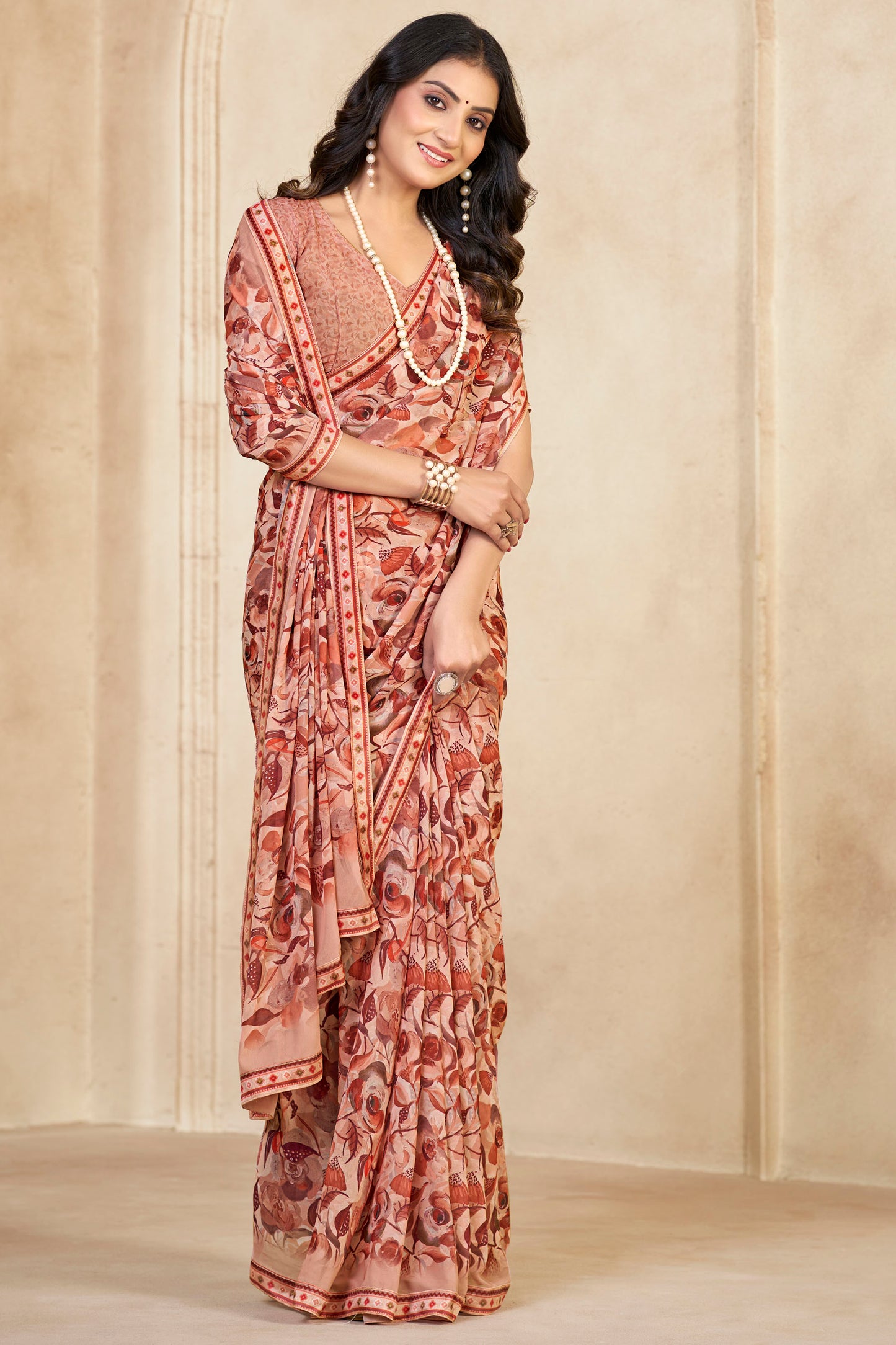 Sumedha- Peach Printed Georgette Saree