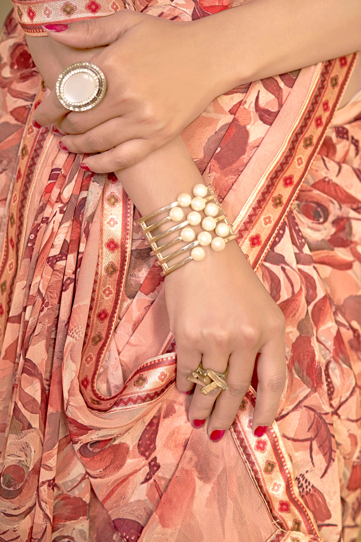 Sumedha- Peach Printed Georgette Saree