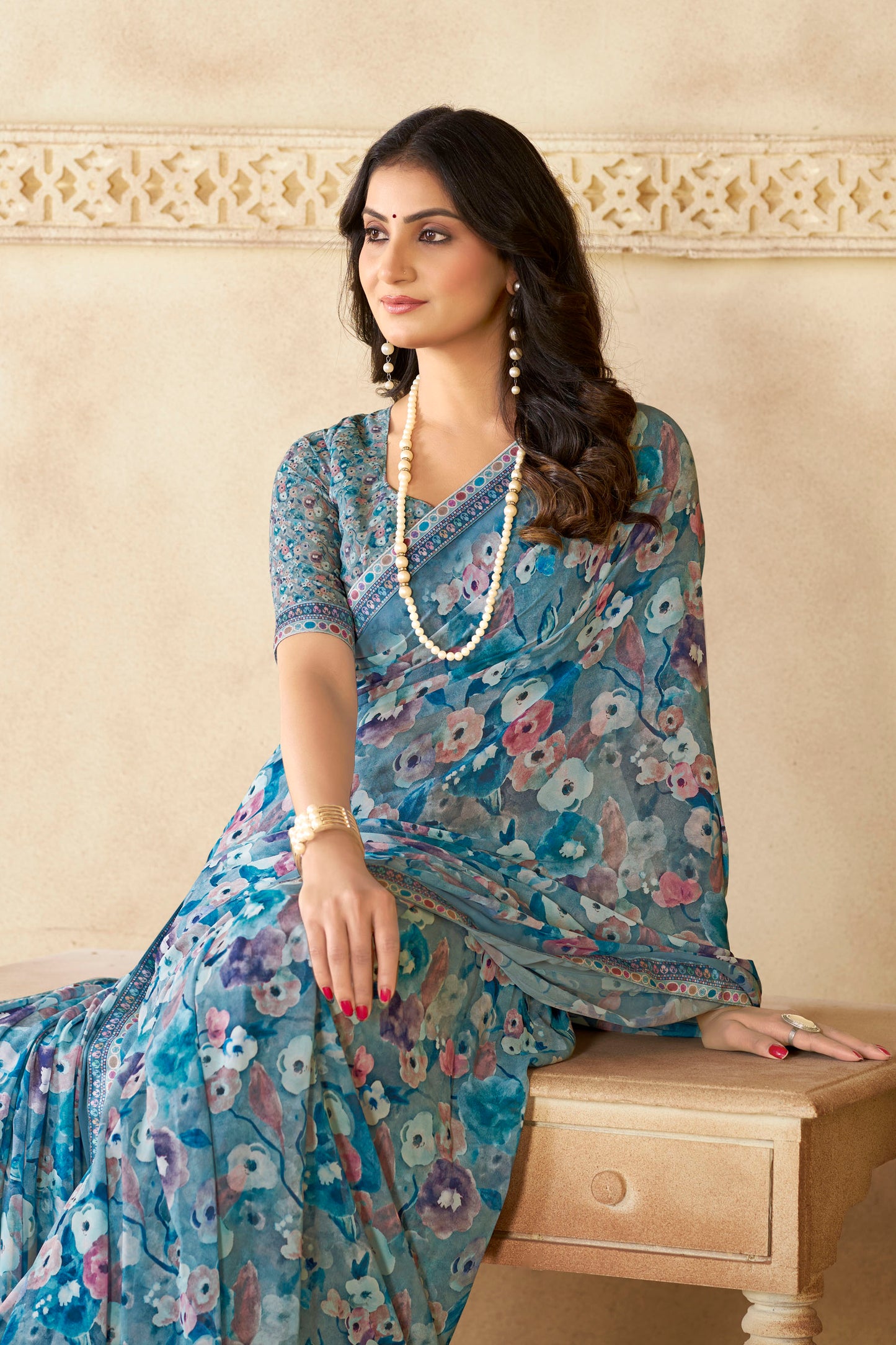 Sumedha- Aqua Blue Printed Georgette Saree