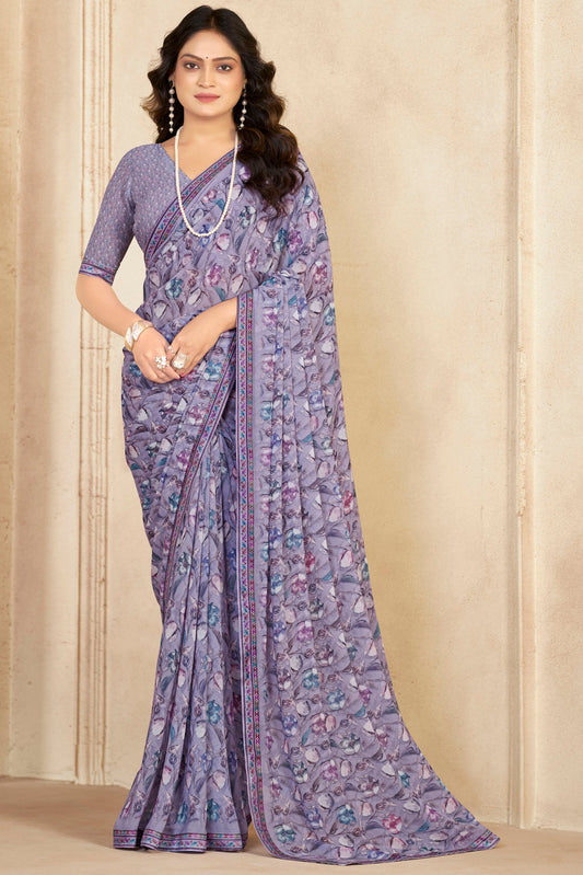 Sumedha- Slate Blue Printed Georgette Saree