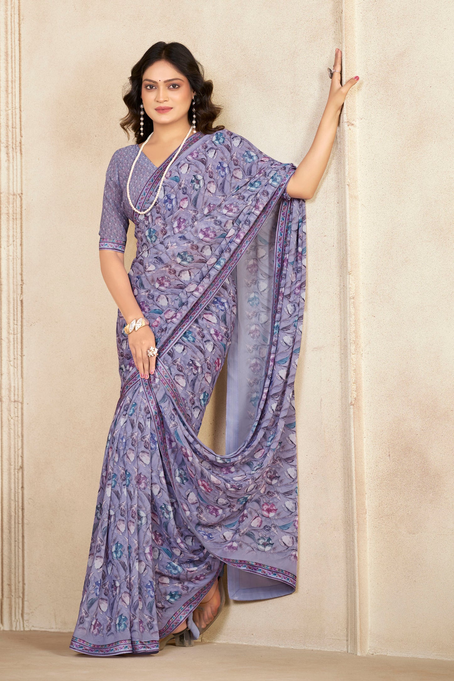 Sumedha- Slate Blue Printed Georgette Saree