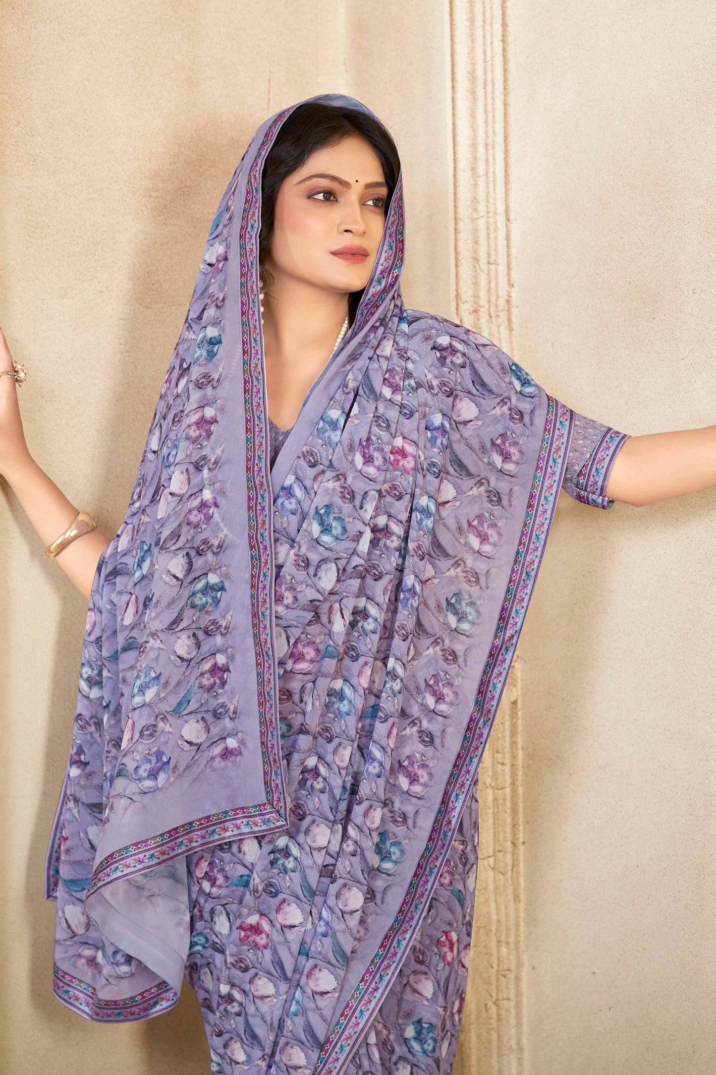 Sumedha- Slate Blue Printed Georgette Saree