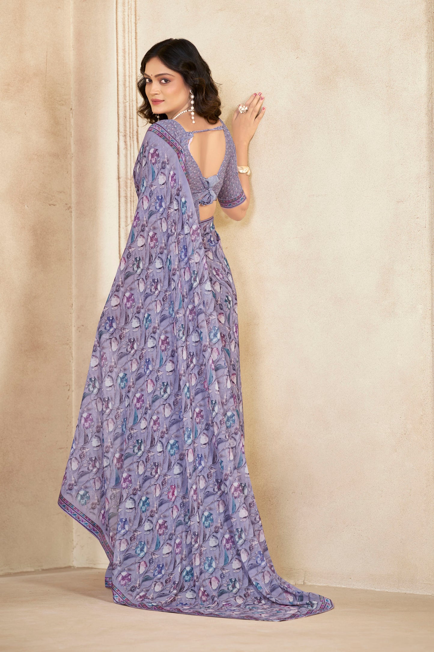 Sumedha- Slate Blue Printed Georgette Saree