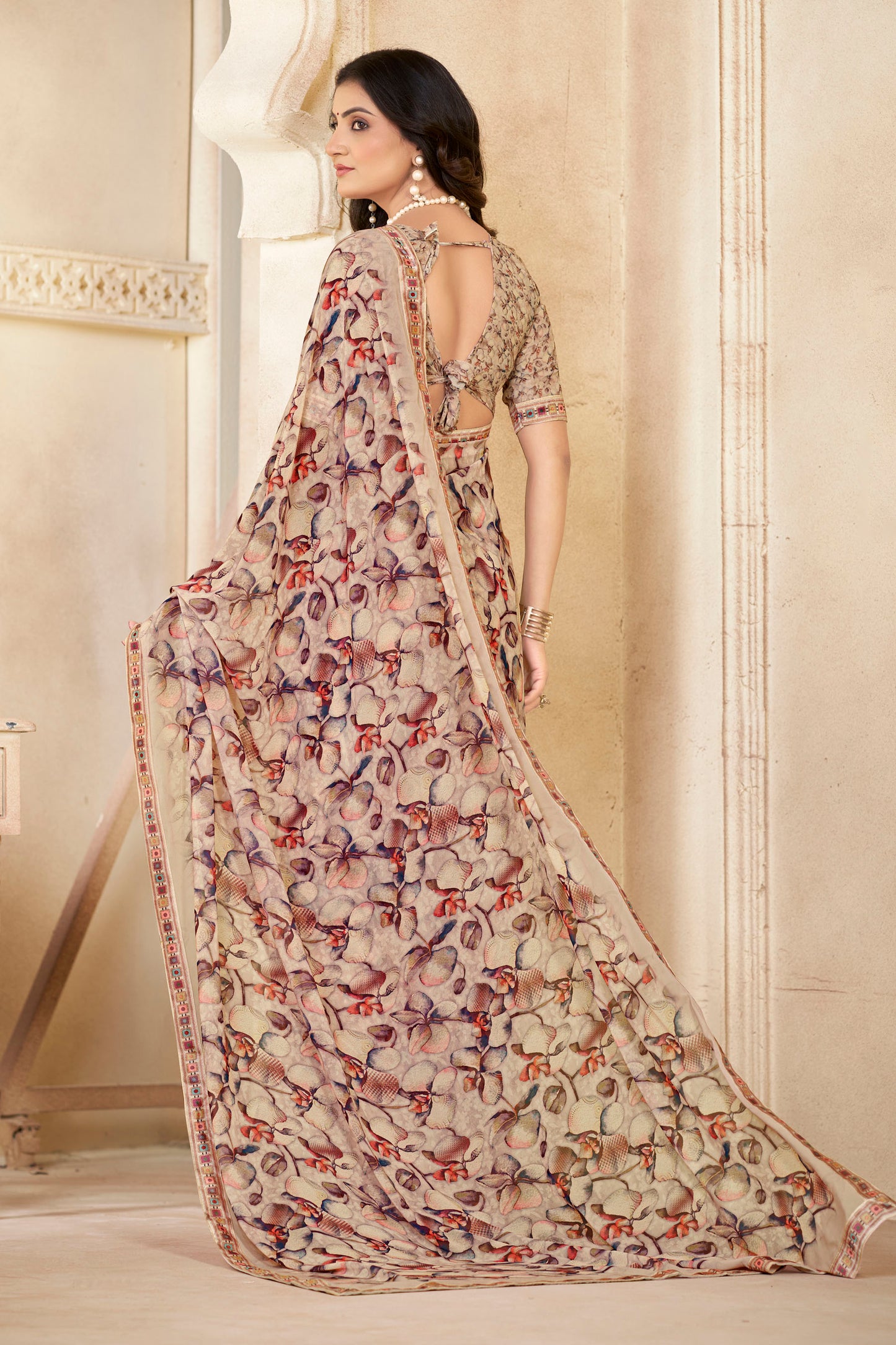 Sumedha- Beige Printed Georgette Saree