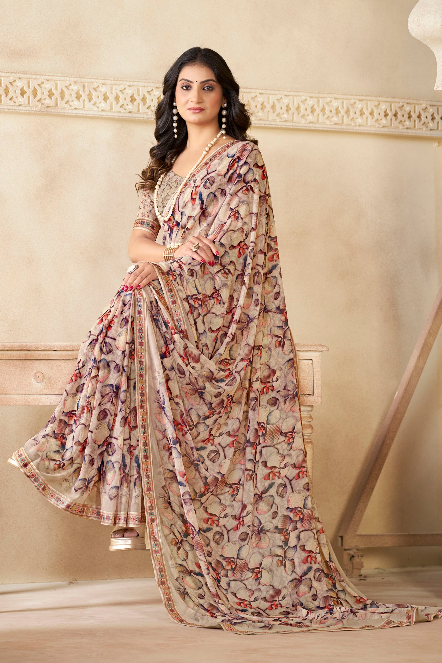Sumedha- Beige Printed Georgette Saree