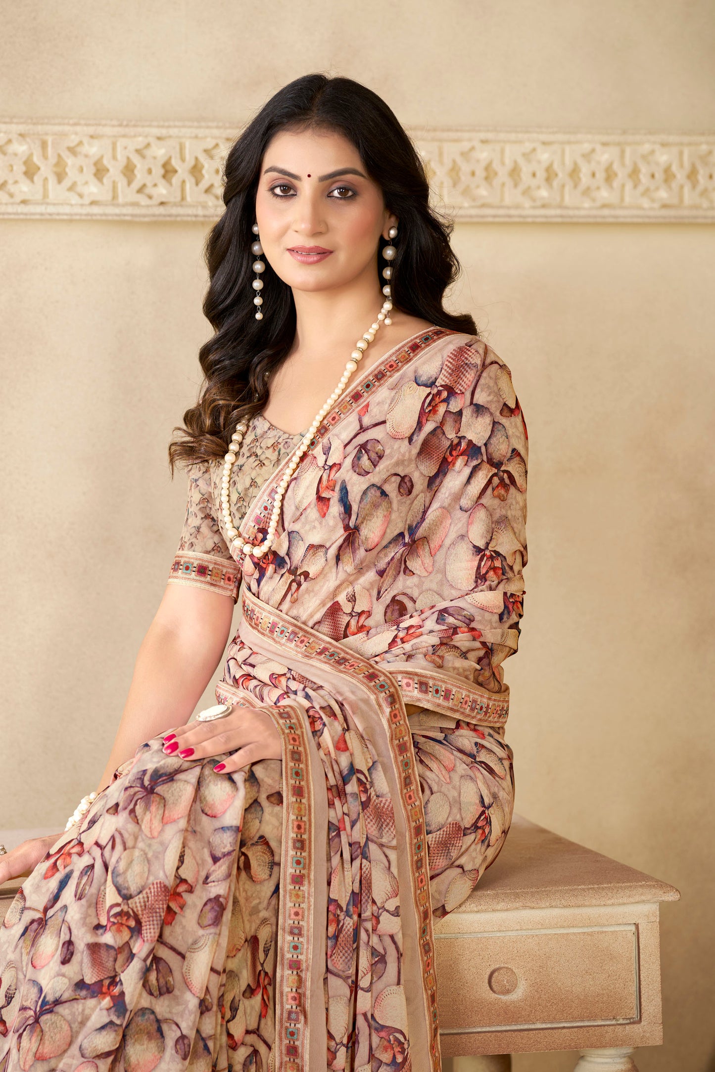 Sumedha- Beige Printed Georgette Saree