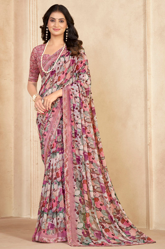 Sumedha- Pink Printed Georgette Saree