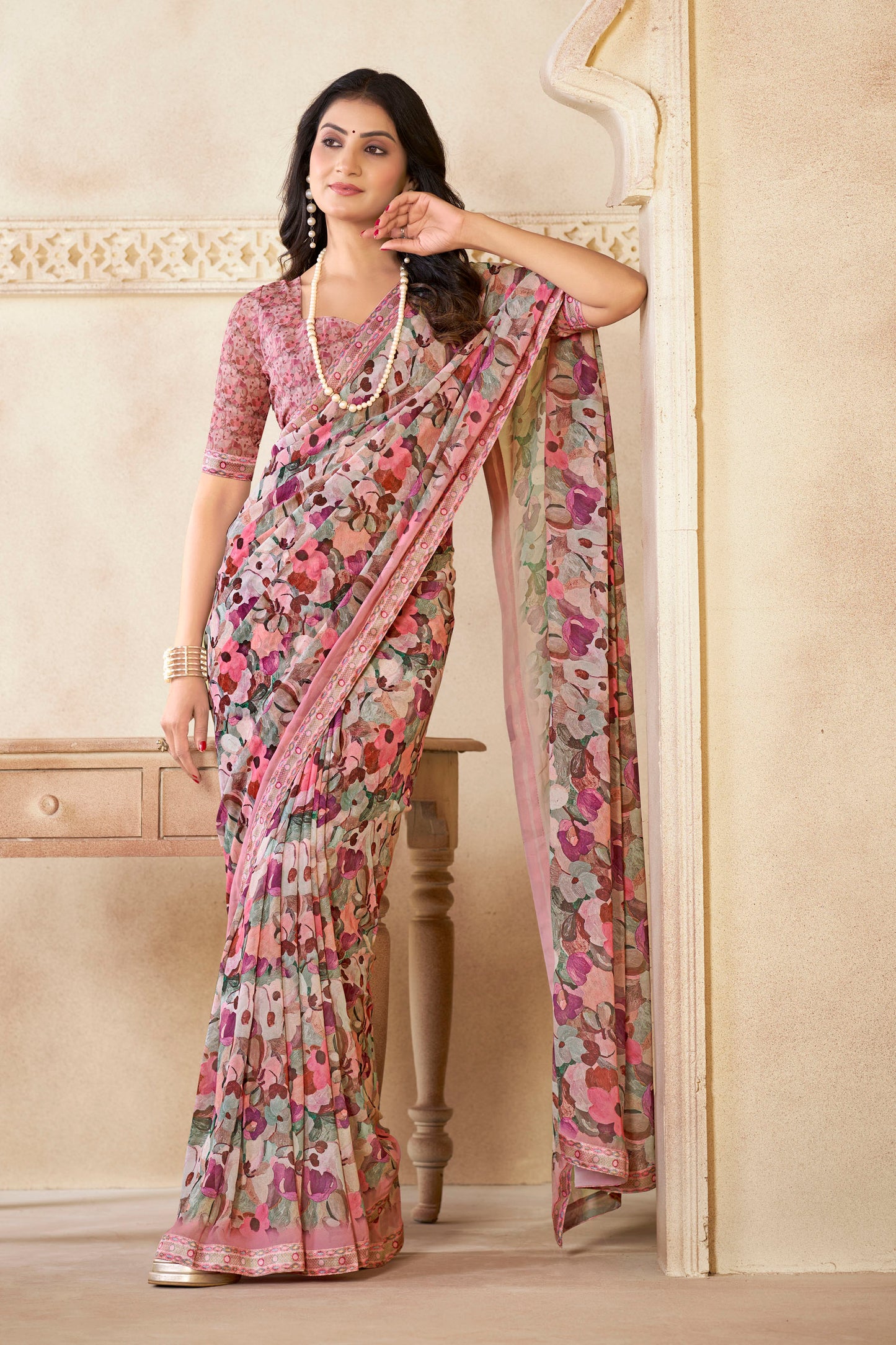 Sumedha- Pink Printed Georgette Saree