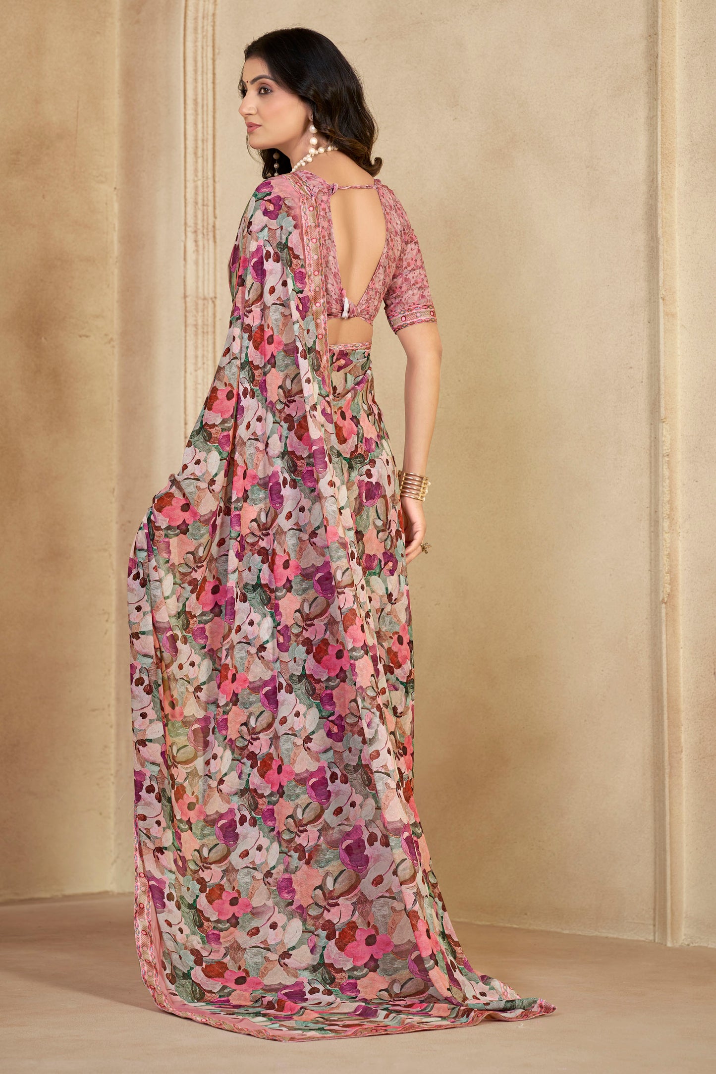 Sumedha- Pink Printed Georgette Saree