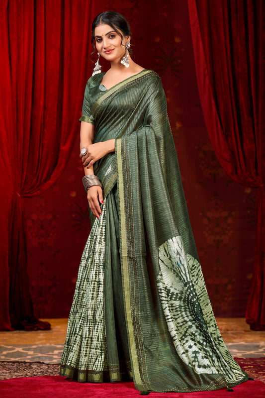 Suchika - Olive Green Printed Silk Saree