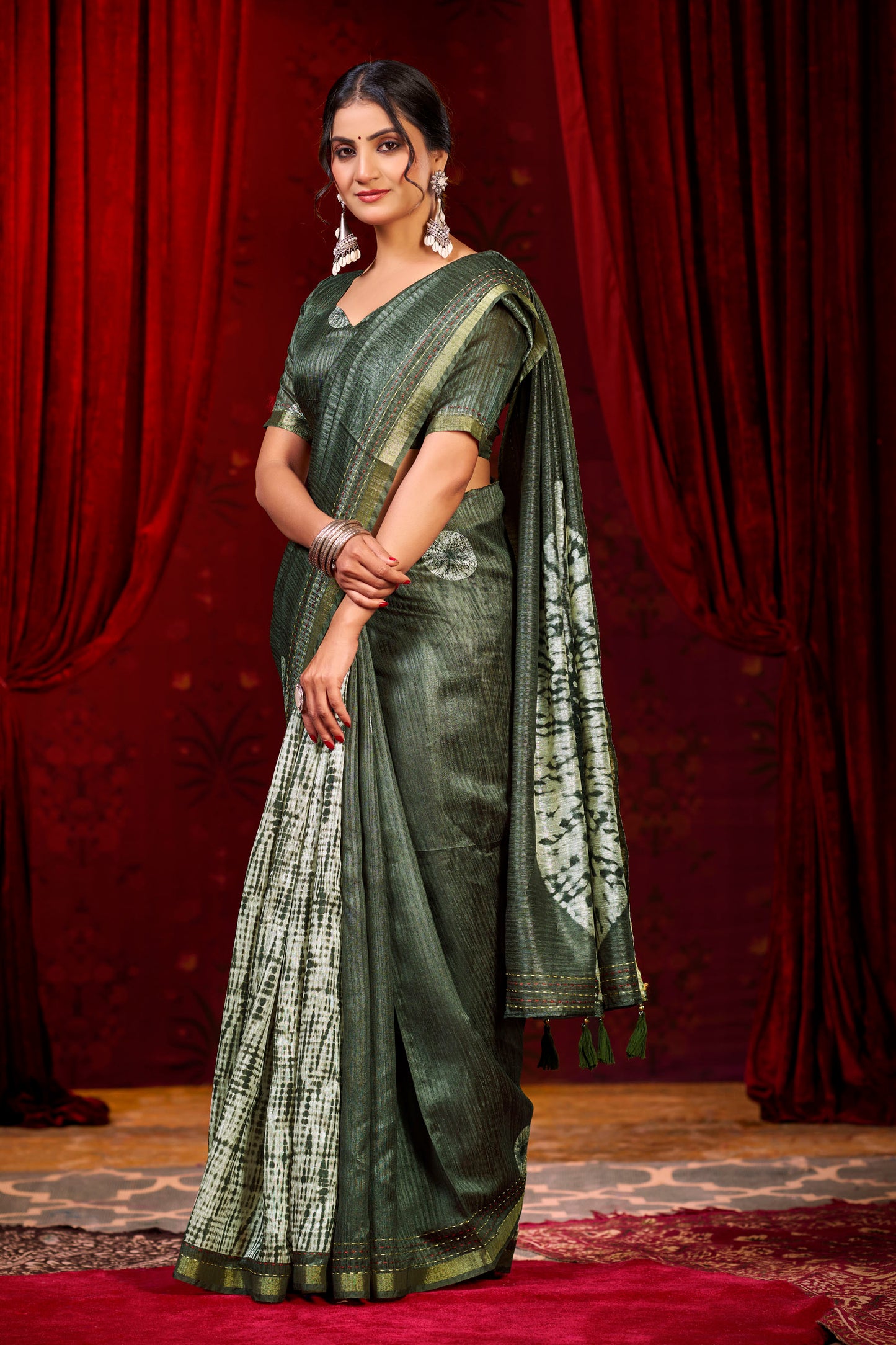 Suchika - Olive Green Printed Silk Saree