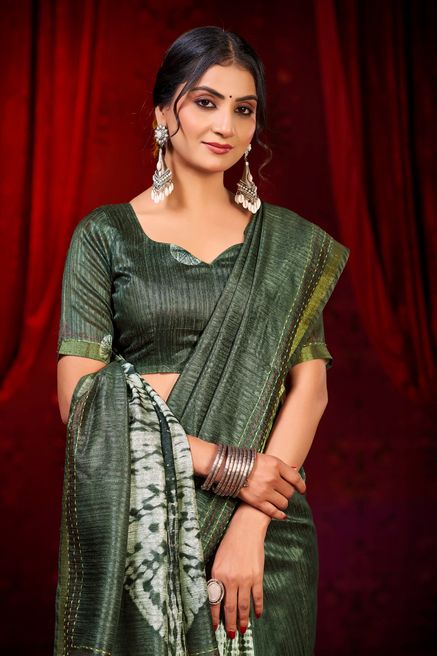 Suchika - Olive Green Printed Silk Saree