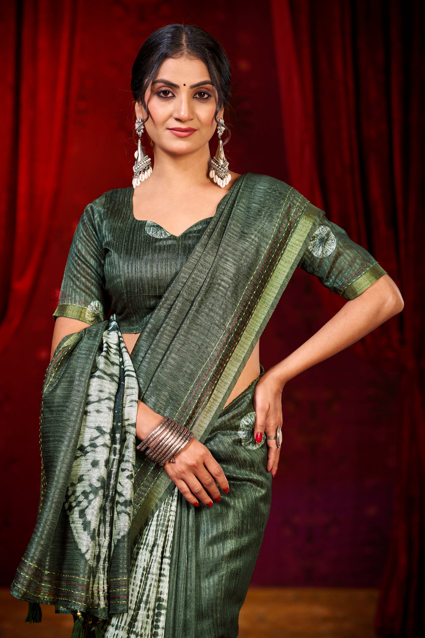 Suchika - Olive Green Printed Silk Saree