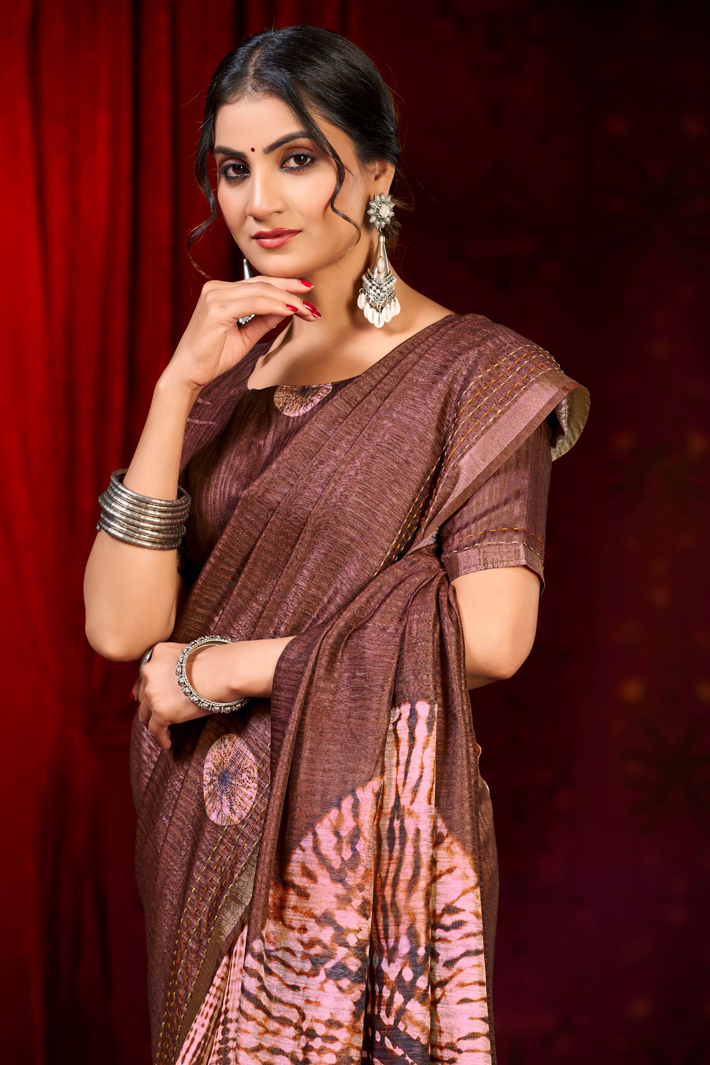 Suchika - Rose Brown Printed Silk Saree