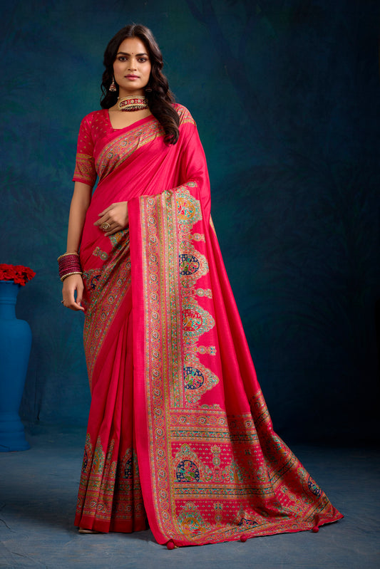 Kumuda - Pink Mysore Silk Jari Printed Saree with Tessals